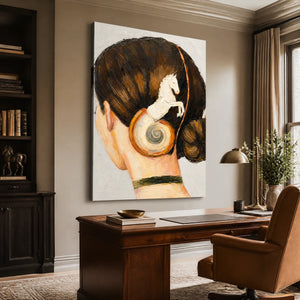 Equestrian Whisper in a refined office, frameless