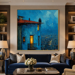 Blue Hour Rooftop in a refined living room with gold frame