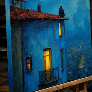 Close-up detail of Blue Hour Rooftop showing hand-painted texture and part of the frame