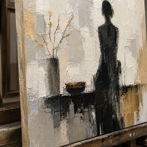 Close-up detail of Figure In The Rain showing hand-painted texture and part of the frame
