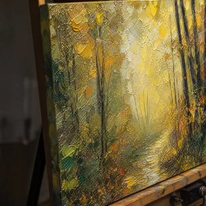Close-up detail of Forest Cathedral Light showing hand-painted texture and part of the frame
