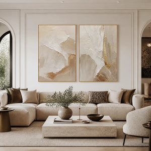 Sandstone Passage Duet in a refined living room with gold frame