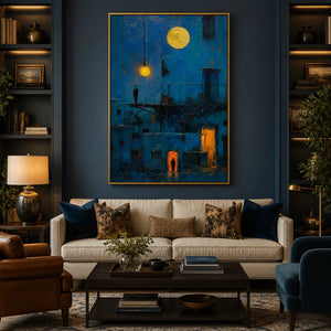 Lanterns Over Blue City in a refined living room with gold frame