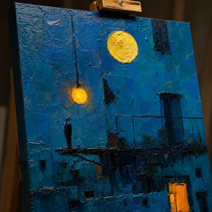 Close-up detail of Lanterns Over Blue City showing hand-painted texture and part of the frame