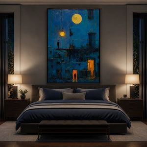 Lanterns Over Blue City in a refined bedroom with black frame