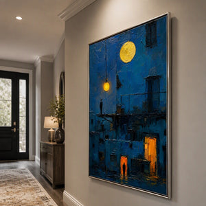 Lanterns Over Blue City in a refined entry hall with silver frame
