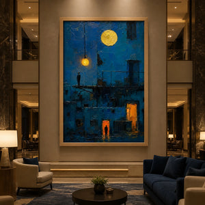 Lanterns Over Blue City in a refined hotel interior with wood frame