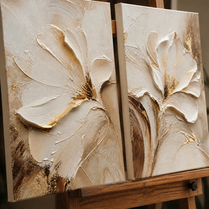 Close-up detail of Ivory Bloom Duet showing hand-painted texture and part of the frame
