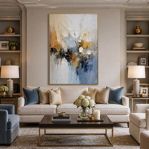 Blue Gilded Bloom in a refined living room with gold frame