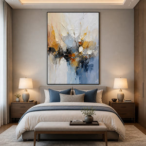 Blue Gilded Bloom in a refined bedroom with black frame