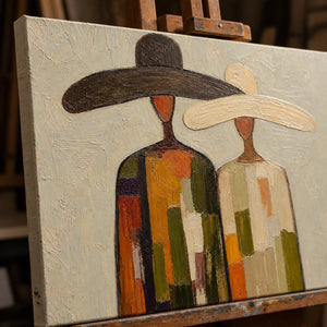 Close-up detail of Sun Hat Duo showing hand-painted texture and part of the frame