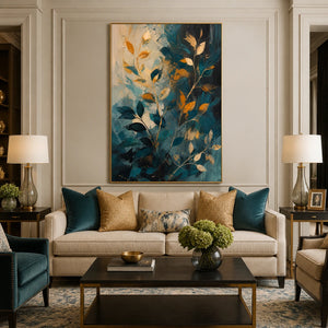 Botanical Nightfall in a refined living room with gold frame