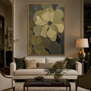 Olive Blossom Shadow in a refined living room with gold frame
