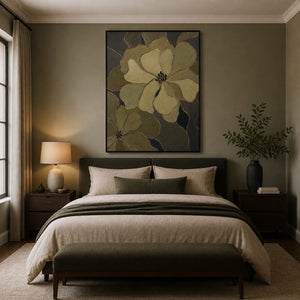 Olive Blossom Shadow in a refined bedroom with black frame