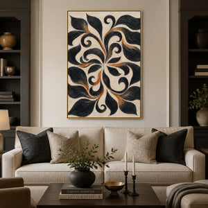 Noir Botanical Scroll in a refined living room with gold frame