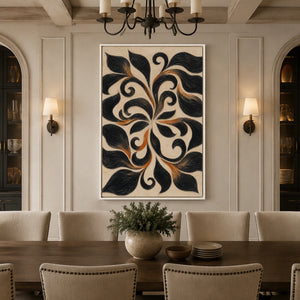 Noir Botanical Scroll in a refined dining room with white frame