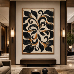 Noir Botanical Scroll in a refined hotel interior with wood frame