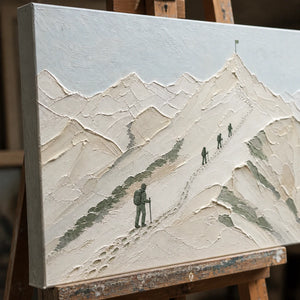 Close-up detail of Ascent To Silence showing hand-painted texture and part of the frame