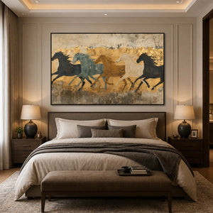 Golden Herd Passage in a refined bedroom with black frame