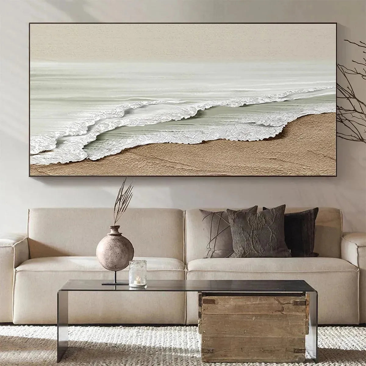 Liam O'Connell's Serene Shore painting: textured coastal landscape with beige waves and sandy shore.