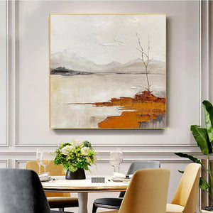 Serene Waters: Minimalist Landscape Painting | White, Grey, Orange | Square Canvas Art