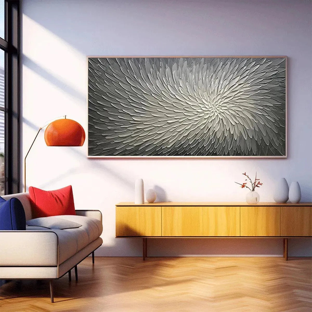 Silver Swirl textured abstract painting by Isabella Rossi in grey and white, framed, adding elegance to a modern interior.