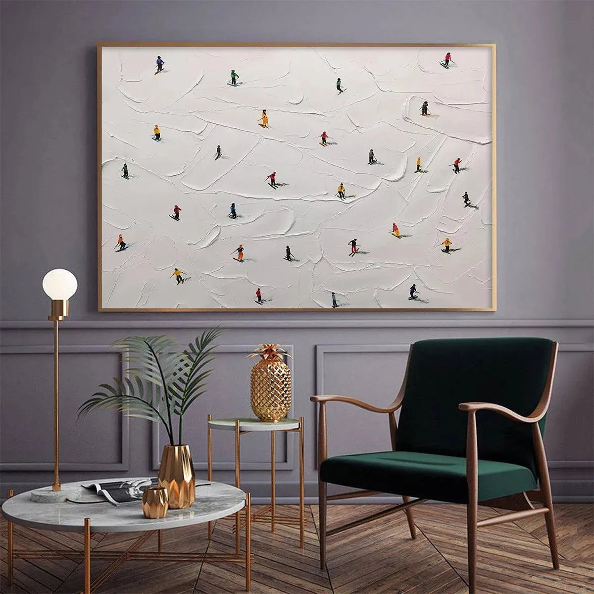 Javier Ramirez minimalist painting, "Ski Slopes", textured white with colorful skiers on snowy slope in room.