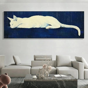 Sleeping White Cat Panoramic: Cat Painting | Panoramic Wall Art | Pet Portrait Decor