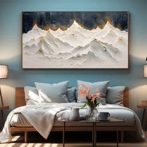 Snowy Peaks: Textured white and gold mountain range painting, framed art for bedroom decor by Liam O'Connell
