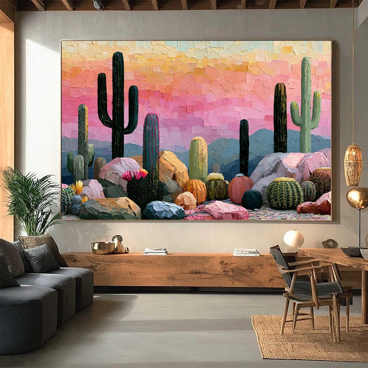 Sonoran Dream Textured Cactus Landscape Oil Painting for Walls