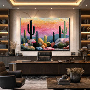 Textured cactus landscape oil painting with pink sunset and colorful rocks