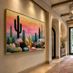 Textured cactus landscape oil painting with colorful desert sunset on gold frame