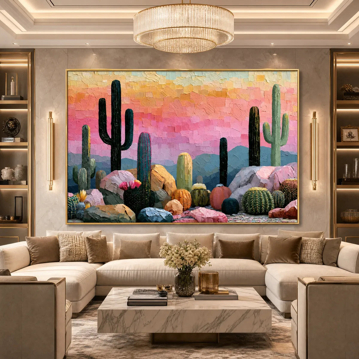Sonoran Dream Textured Cactus Landscape Oil Painting for Walls