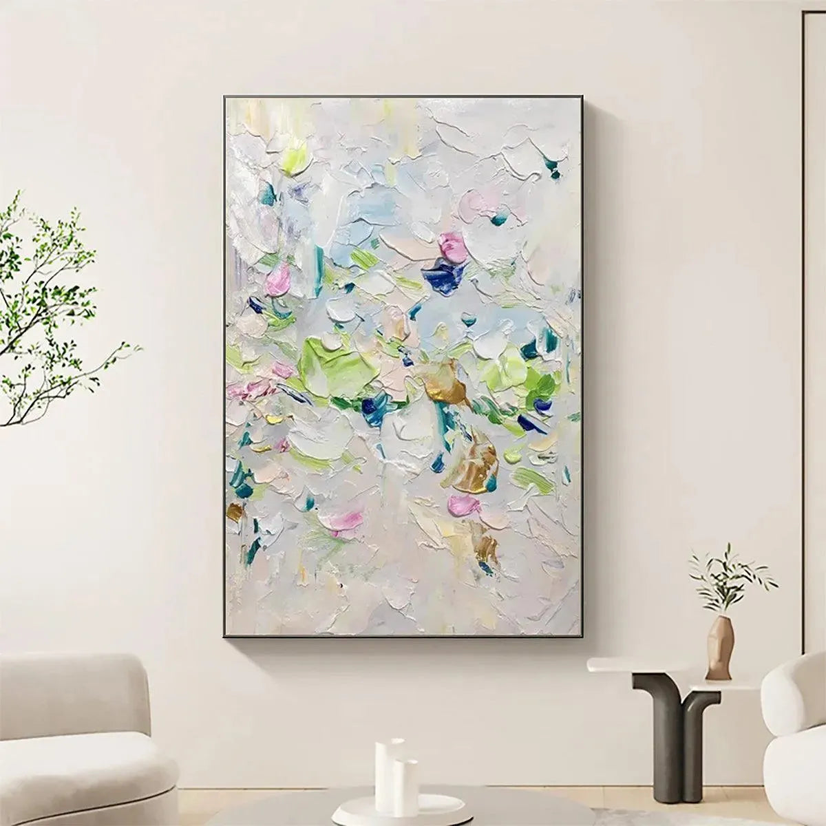 SPRING BLOSSOM floral art by Willow Davies, pastel impasto texture, modern living room decor, framed painting.