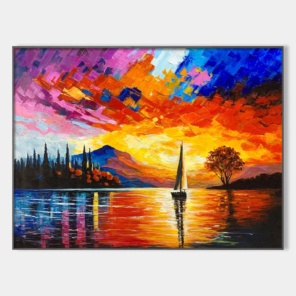 SAILING AT SUNSET: Square Impasto Landscape Painting of a Tranquil Lake