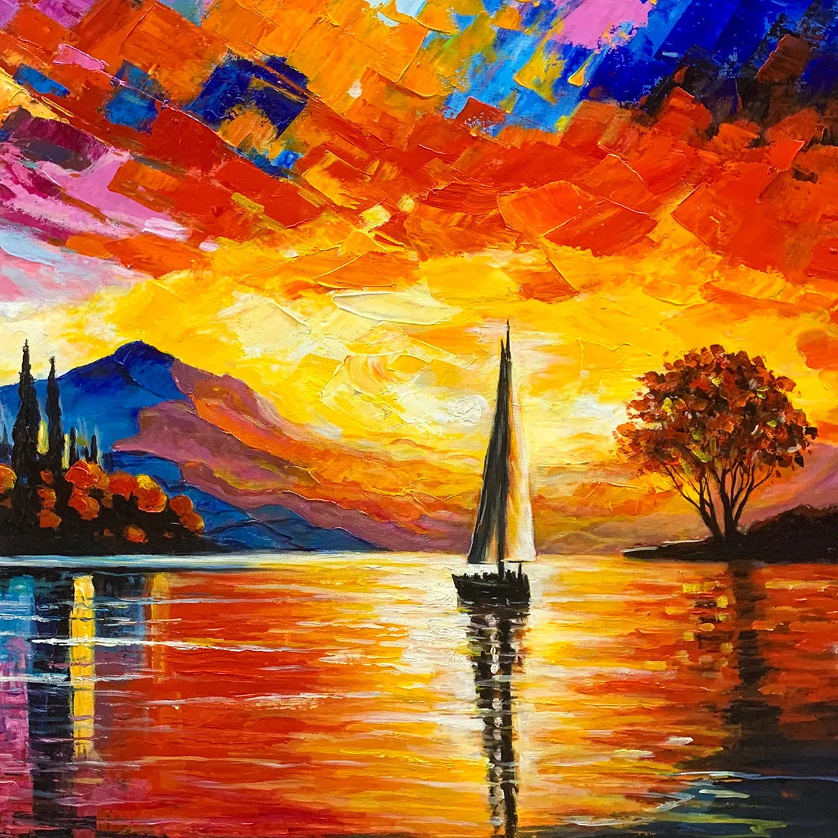 SAILING AT SUNSET: Square Impasto Landscape Painting of a Tranquil Lake