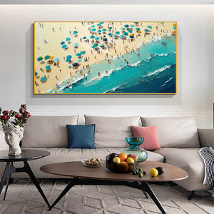 Summer Afternoon: Beach Scene Oil Painting with Beach Umbrellas on Canvas
