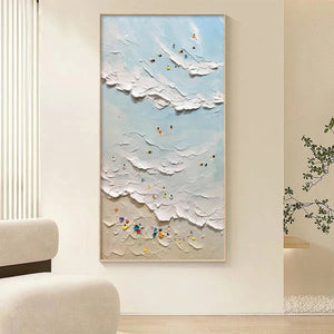 Willow Davies' Summer Beach painting. Textured beach with swimmers, umbrellas, and waves. Vertical artwork in wooden frame.