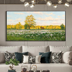 Framed Sunlit Meadow painting: white flowers, golden tree, horse, figure. Ideal tranquil artwork for living room decor.