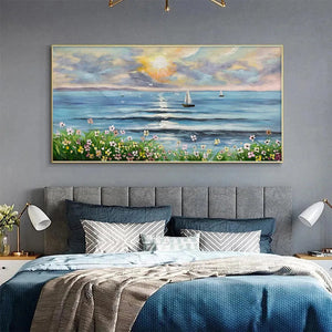 Sunset Sail: Coastal Sunset Painting | Sailboat and Wildflowers | Horizontal Canvas | Ocean Decor