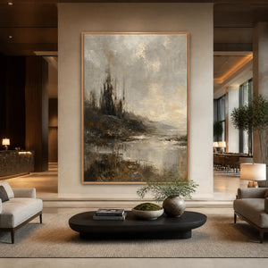 Moody lake landscape oil painting with stormy light and golden-gray texture in a wood frame displayed in a luxury hotel lobby.