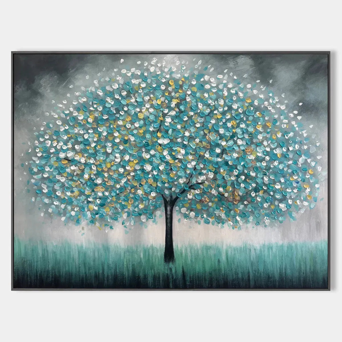 Textured Tree Painting in Teal and Grey, Horizontal Canvas, Modern Wall Art