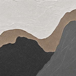 Textured abstract earth-tone triptych with white, beige, charcoal and gray layers