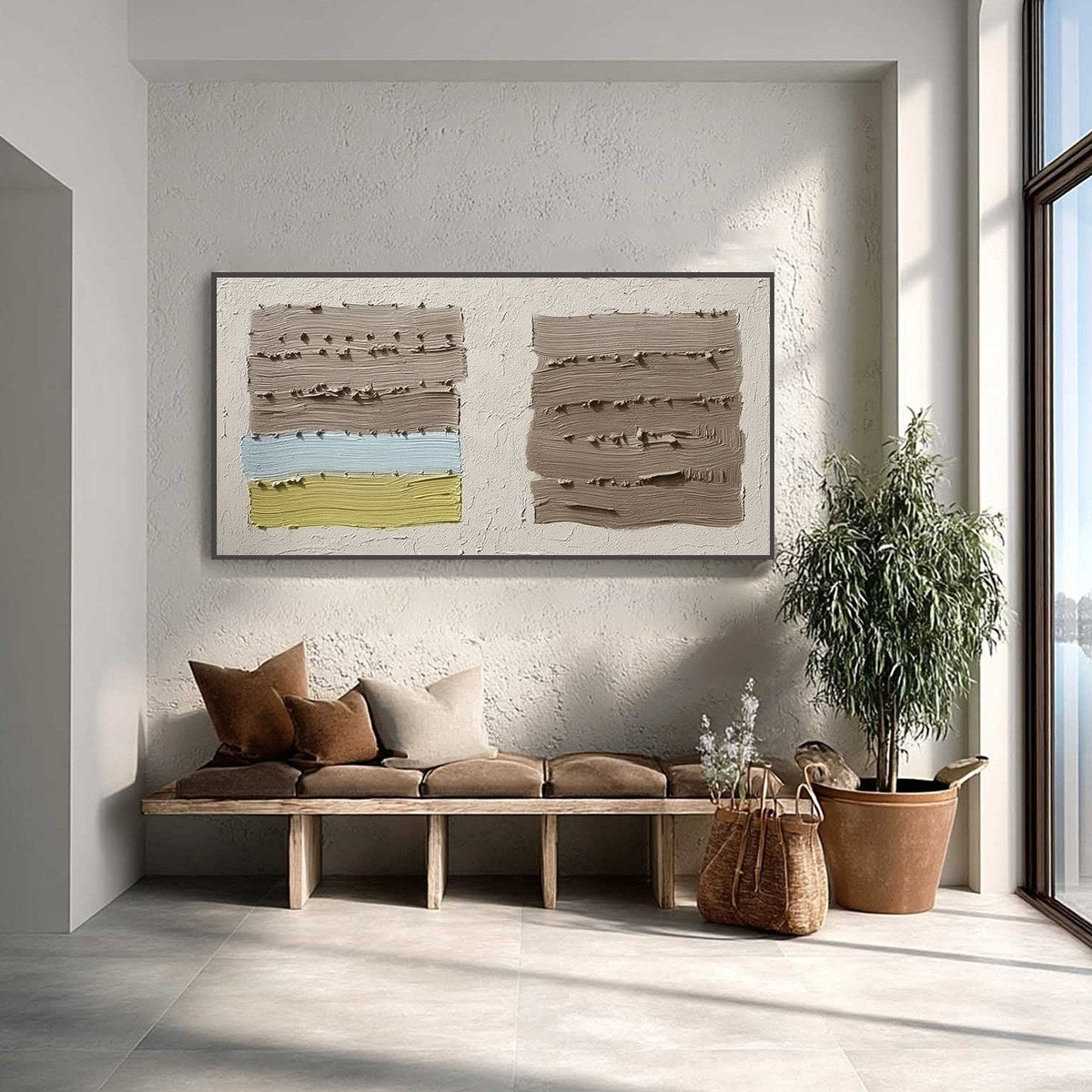 "Terra Firma" Textured Wabi Sabi abstract painting with impasto technique. Taupe, blue, yellow.