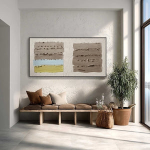 "Terra Firma" Textured Wabi Sabi abstract painting with impasto technique. Taupe, blue, yellow.