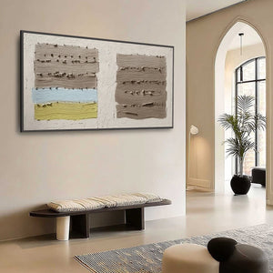 Original handmade textured abstract painting 'TERRA FIRMA', Wabi Sabi impasto, taupe, blue, yellow.