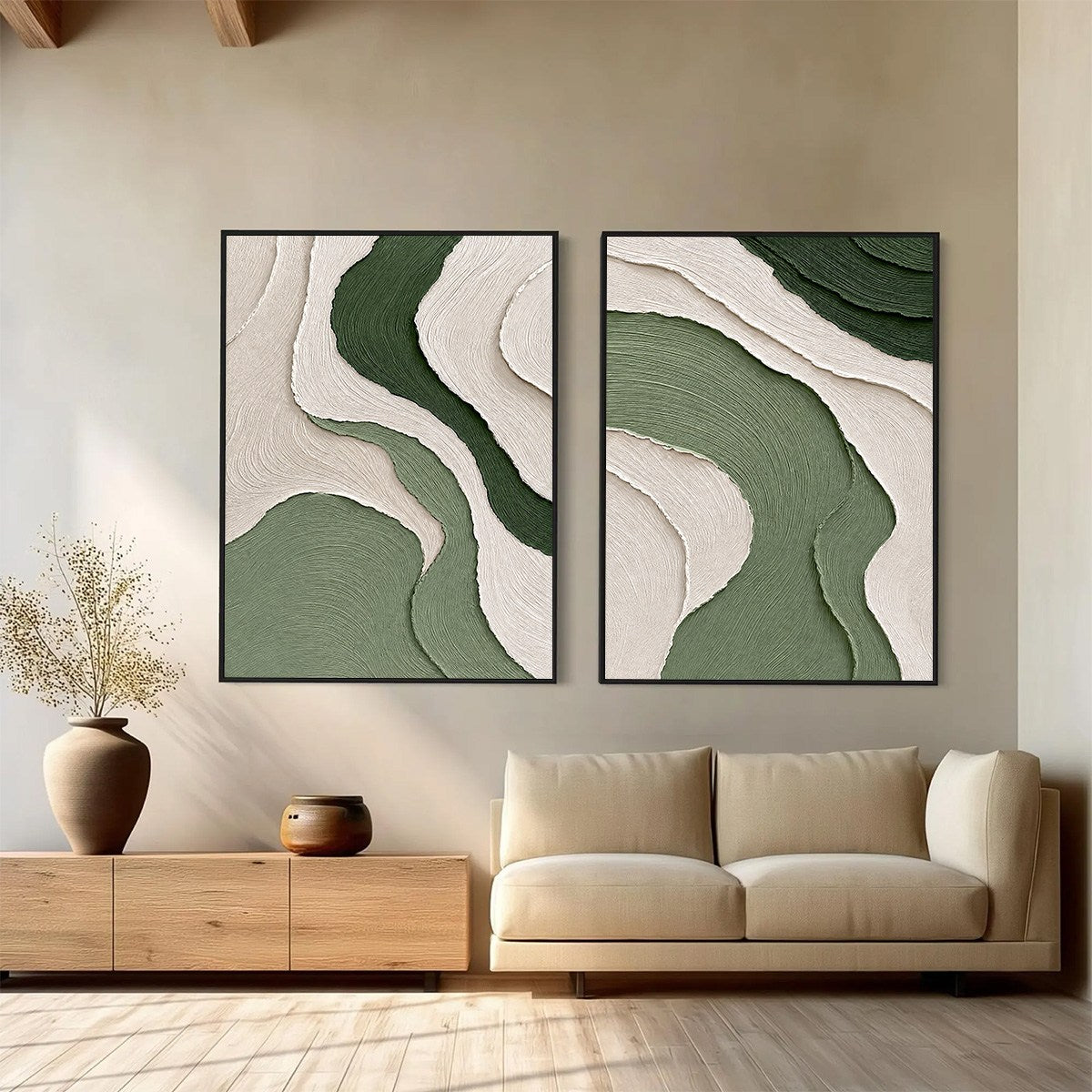 TERRA: Textured Wabi Sabi Abstract Diptych in Earthy Greens