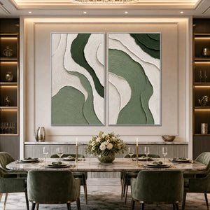 Textured green and cream Wabi Sabi abstract diptych wall art in a luxury dining room