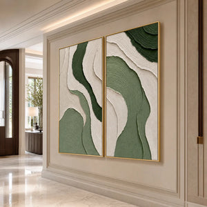 Textured Wabi Sabi abstract diptych wall art in earthy green and beige, framed in gold