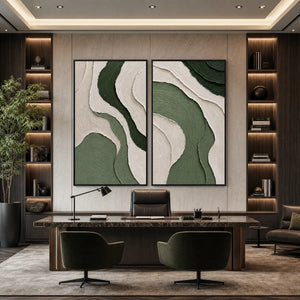 Textured Wabi Sabi abstract diptych in earthy green and beige tones